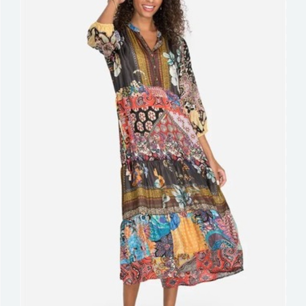 Johnny Was Tiered silk Sundress with 3/4 Sleeves